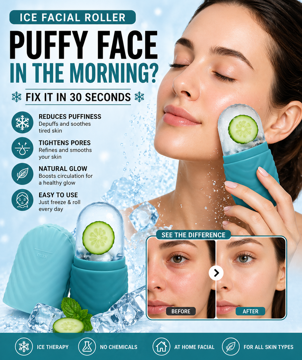 Ice Facial Roller for Glowing Skin – Reduce Puffiness & Tighten Pores
